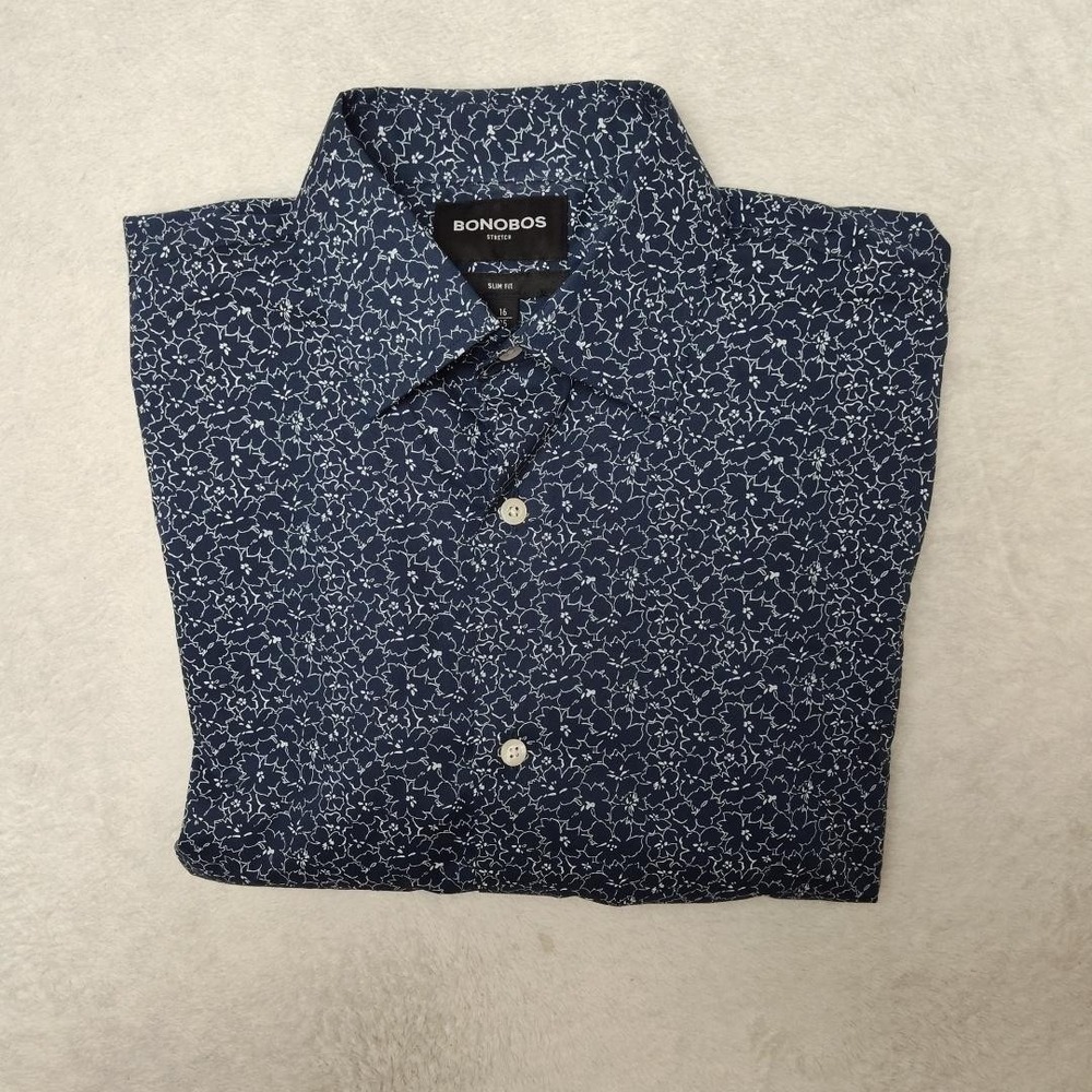 Bonobos Shirt Mens 16 34/35 Blue Floral Slim Point Collar Dress Long Sleeve Tech